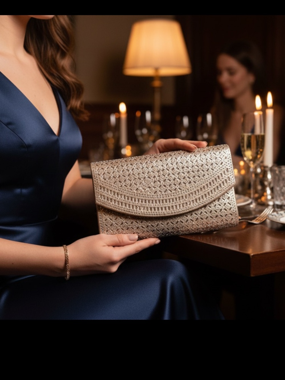 ✨ La Regale Champagne Gold Crystal & Rhinestone Lattice Evening Clutch